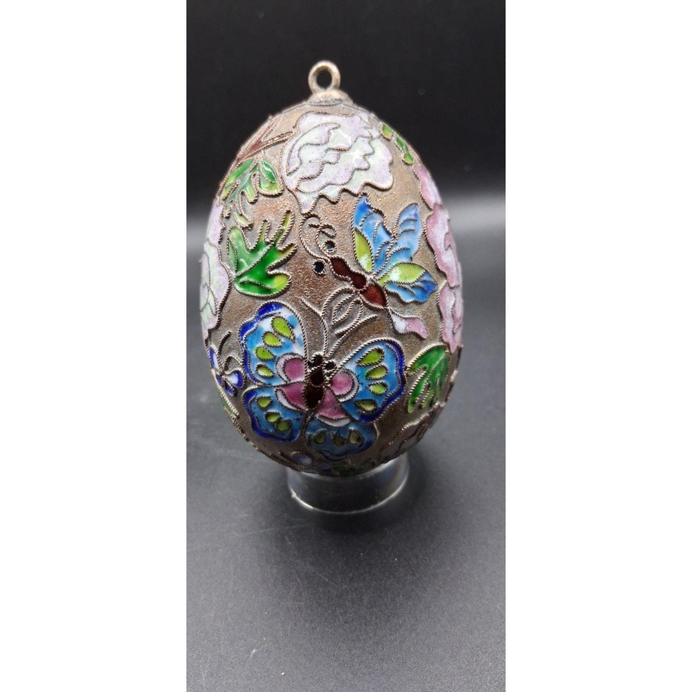 Vintage Decorative Cloisonné Egg Multicolored Floral with Butterflies Enamel 4"